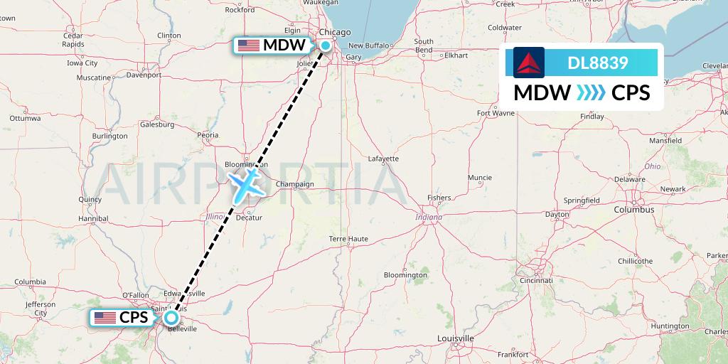 DL8839 Delta Air Lines Flight Map: Chicago to St. Louis