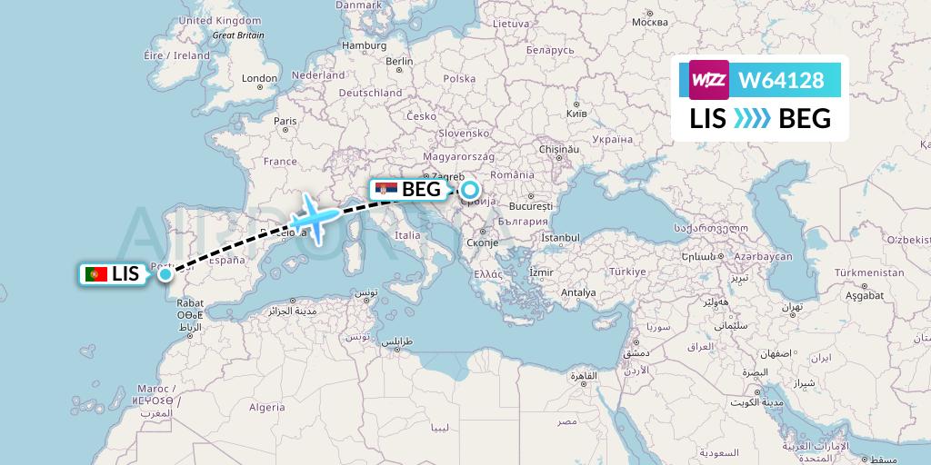 W64128 Wizz Air Flight Map: Lisbon to Belgrade