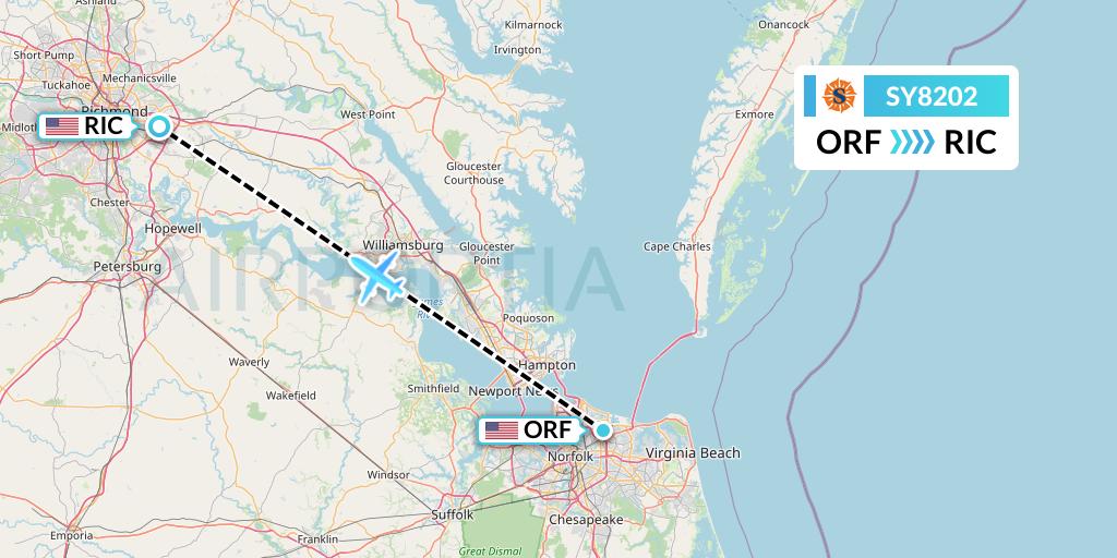 SY8202 Sun Country Airlines Flight Map: Norfolk to Richmond