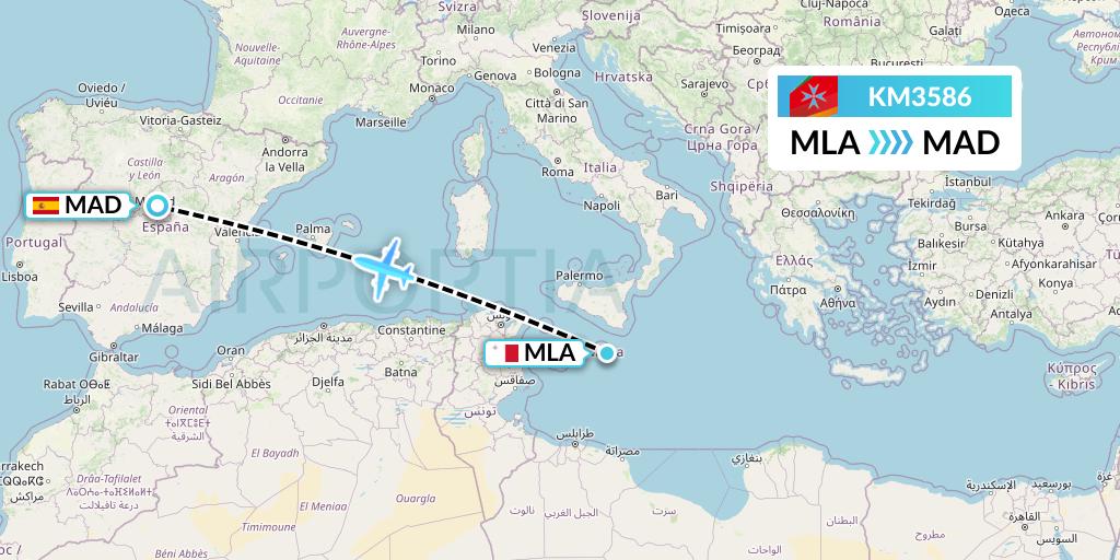 KM3586 Air Malta Flight Map: Malta to Madrid