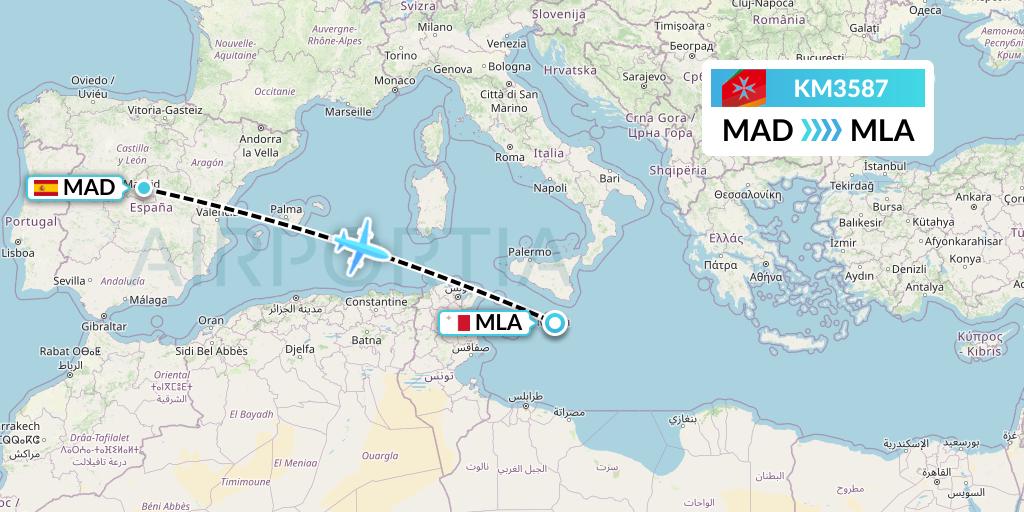 KM3587 Air Malta Flight Map: Madrid to Malta