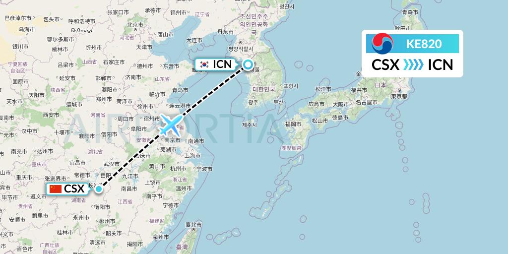 KE820 Korean Air Flight Map: Changsha to Seoul