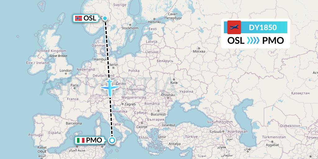 DY1850 Norwegian Flight Map: Oslo to Palermo