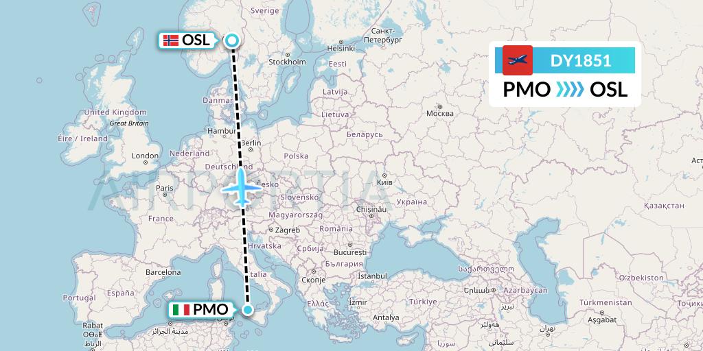 DY1851 Norwegian Flight Map: Palermo to Oslo