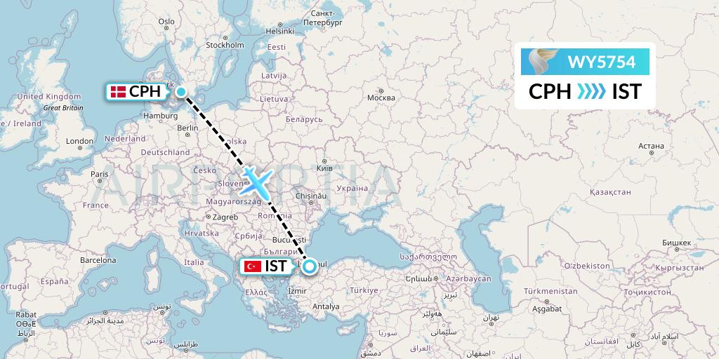 WY5754 Oman Air Flight Map: Copenhagen to Istanbul