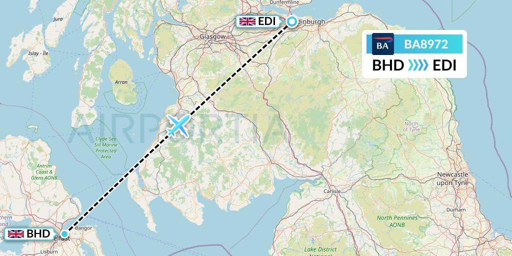 BA8972 British Airways Flight Map: Belfast to Edinburgh