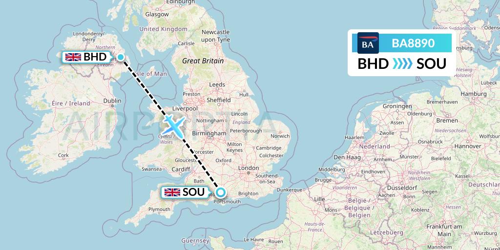 BA8890 British Airways Flight Map: Belfast to Southampton