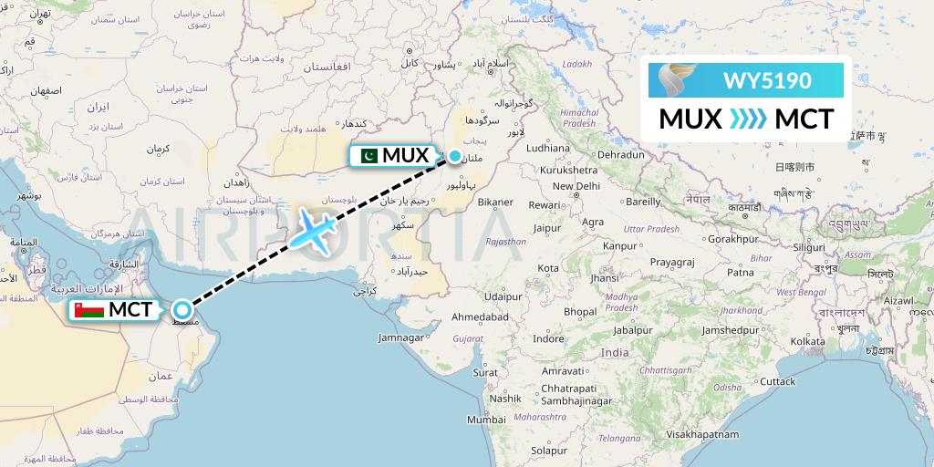 WY5190 Oman Air Flight Map: Multan to Muscat