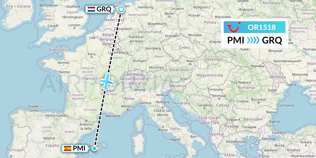 OR1518 TUI fly Netherlands Flight Map: Palma de Mallorca to Groningen