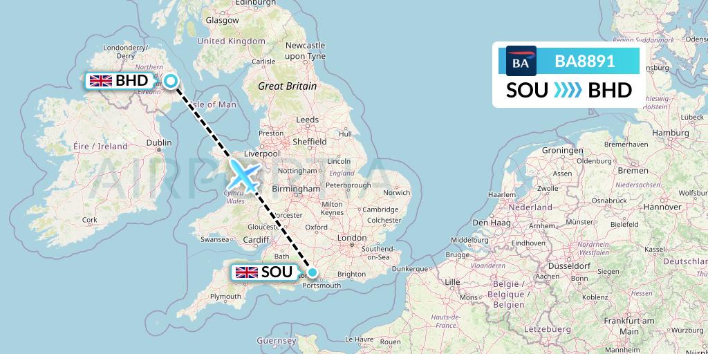 BA8891 British Airways Flight Map: Southampton to Belfast
