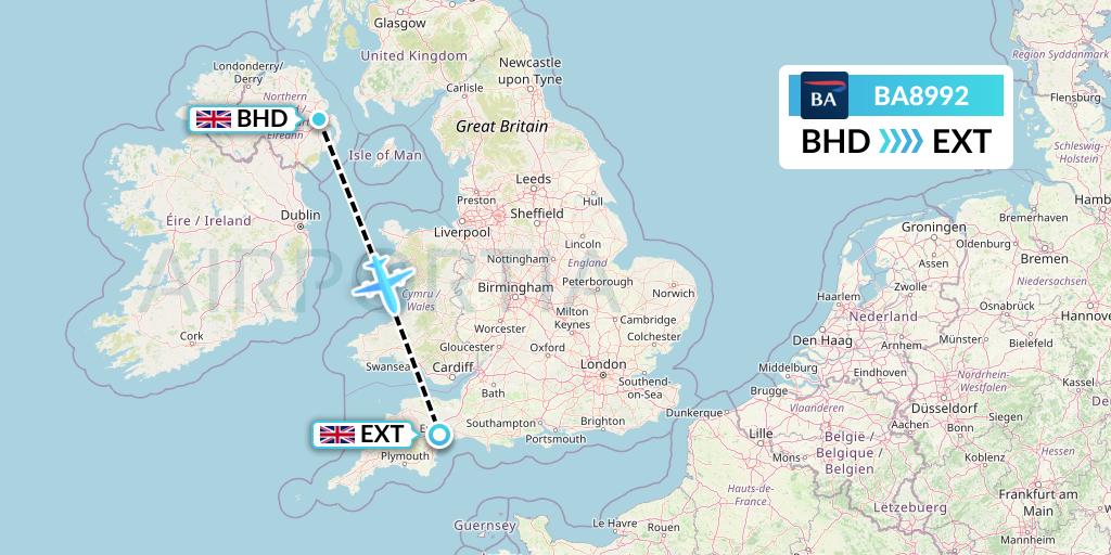 BA8992 British Airways Flight Map: Belfast to Exeter