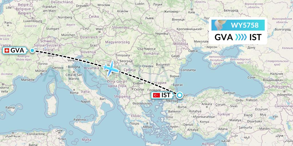 WY5758 Oman Air Flight Map: Geneva to Istanbul