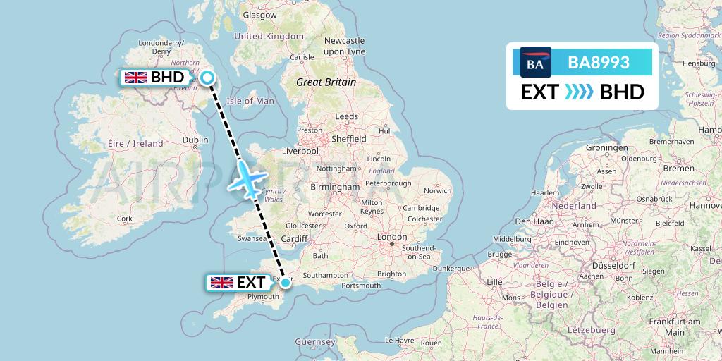 BA8993 British Airways Flight Map: Exeter to Belfast