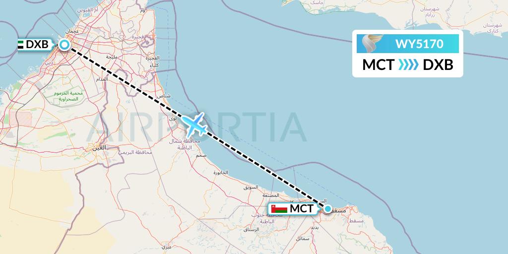 WY5170 Oman Air Flight Map: Muscat to Dubai