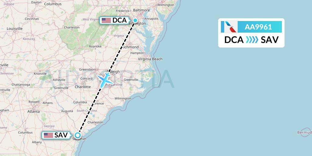 AA9961 American Airlines Flight Map: Washington to Savannah