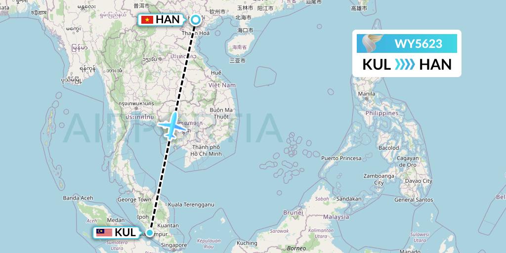 WY5623 Oman Air Flight Map: Kuala Lumpur to Hanoi