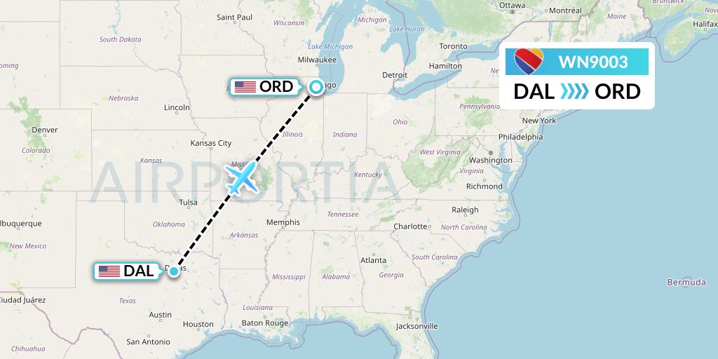 WN9003 Southwest Airlines Flight Map: Dallas to Chicago