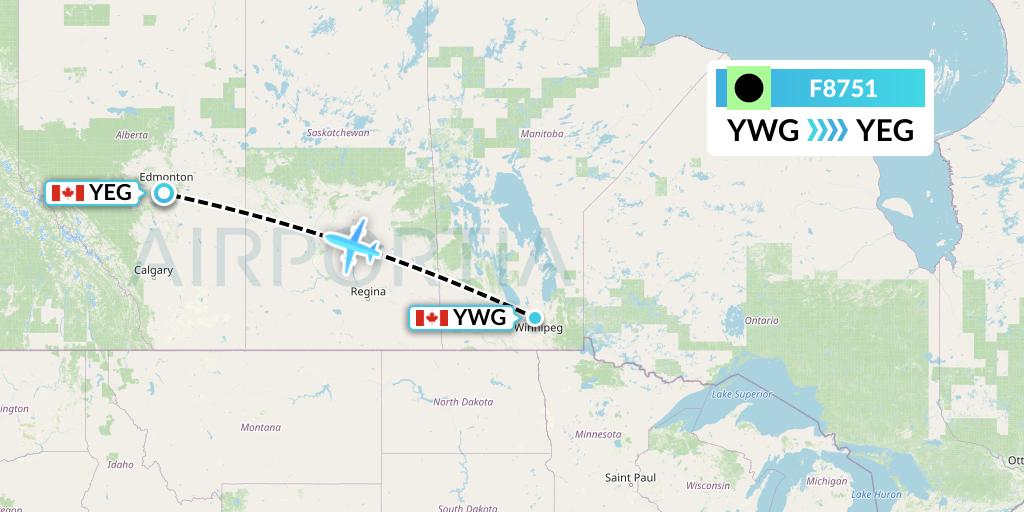 F8751 Flair Airlines Flight Map: Winnipeg to Edmonton