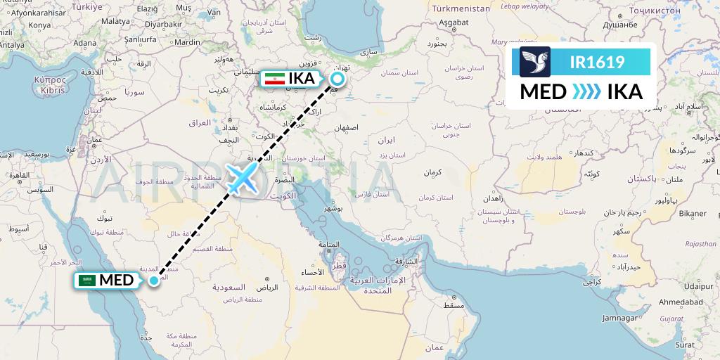 IR1619 Iran Air Flight Map: Medina to Tehran