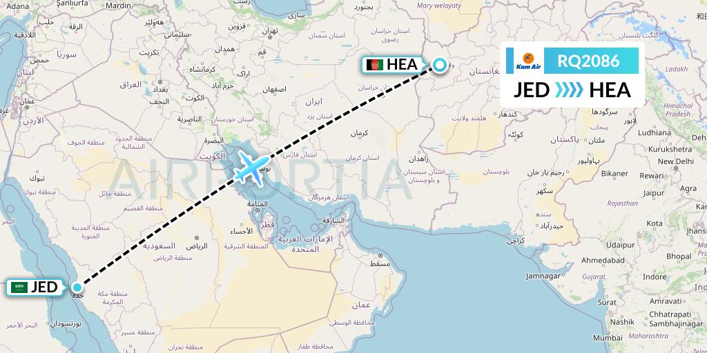 RQ2086 Kam Air Flight Map: Jeddah to Herat
