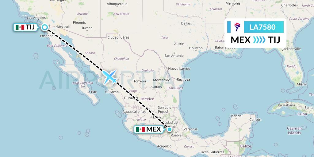 LA7580 LAN Airlines Flight Map: Mexico City to Tijuana