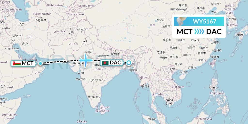 WY5167 Oman Air Flight Map: Muscat to Dhaka