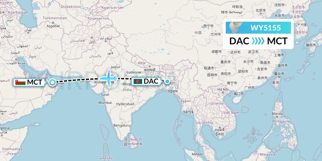 WY5155 Oman Air Flight Map: Dhaka to Muscat