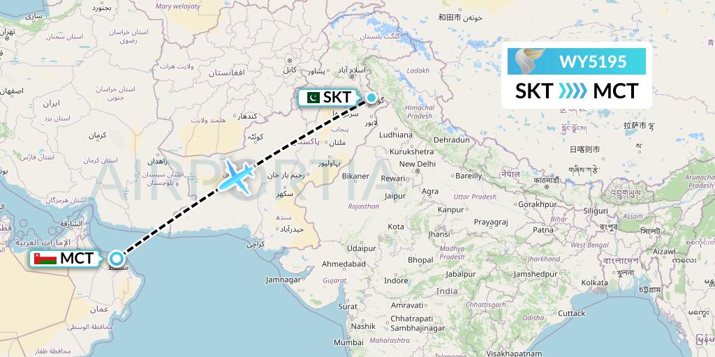 WY5195 Oman Air Flight Map: Sialkot to Muscat