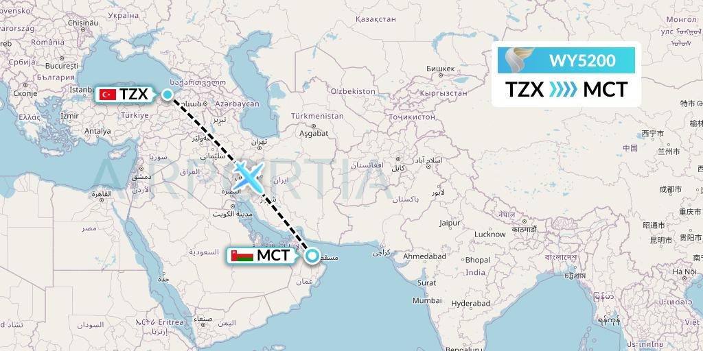 WY5200 Oman Air Flight Map: Trabzon to Muscat
