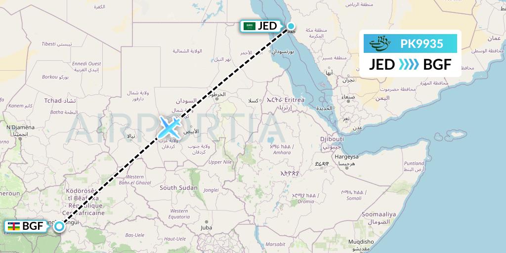 PK9935 Pakistan International Airlines Flight Map: Jeddah to Bangui