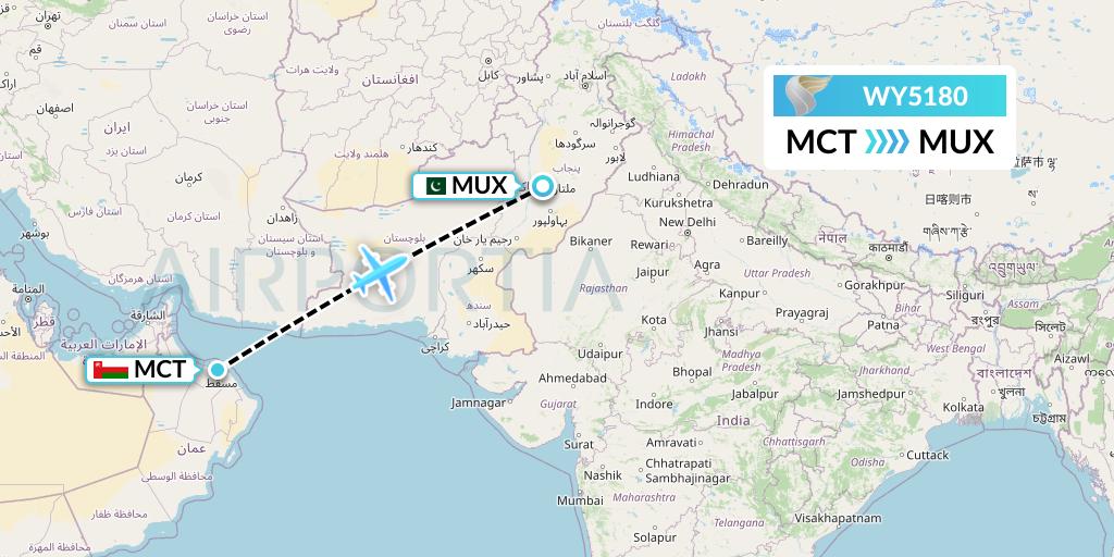 WY5180 Oman Air Flight Map: Muscat to Multan