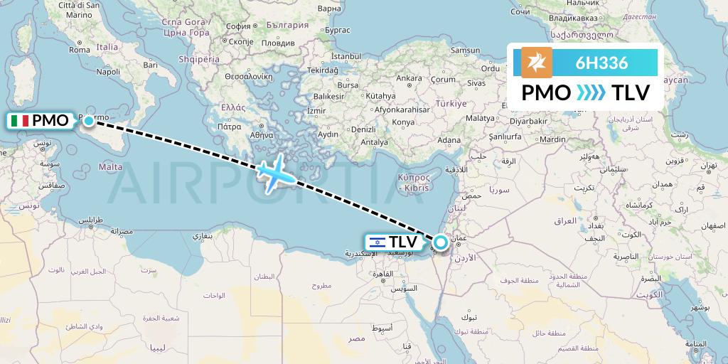 6H336 Israir Airlines Flight Map: Palermo to Tel Aviv