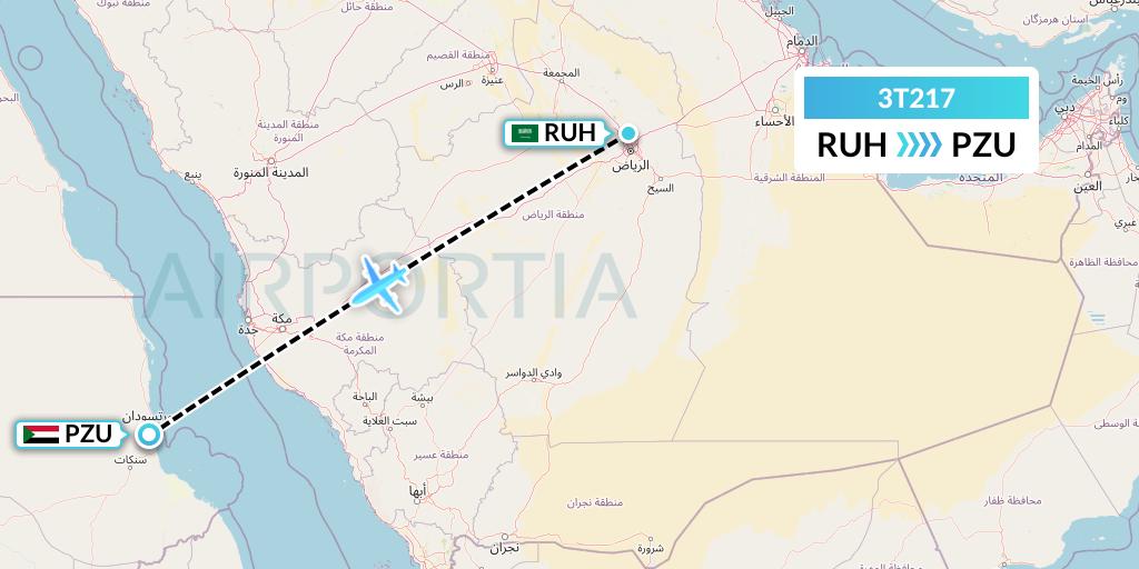 3T217 Tarco Airlines Flight Map: Riyadh to Port Sudan