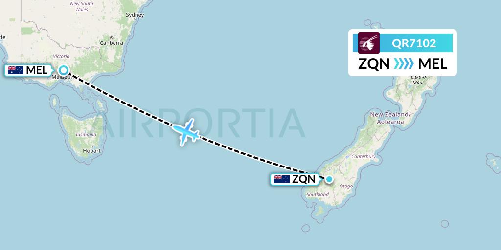 QR7102 Qatar Airways Flight Map: Queenstown to Melbourne