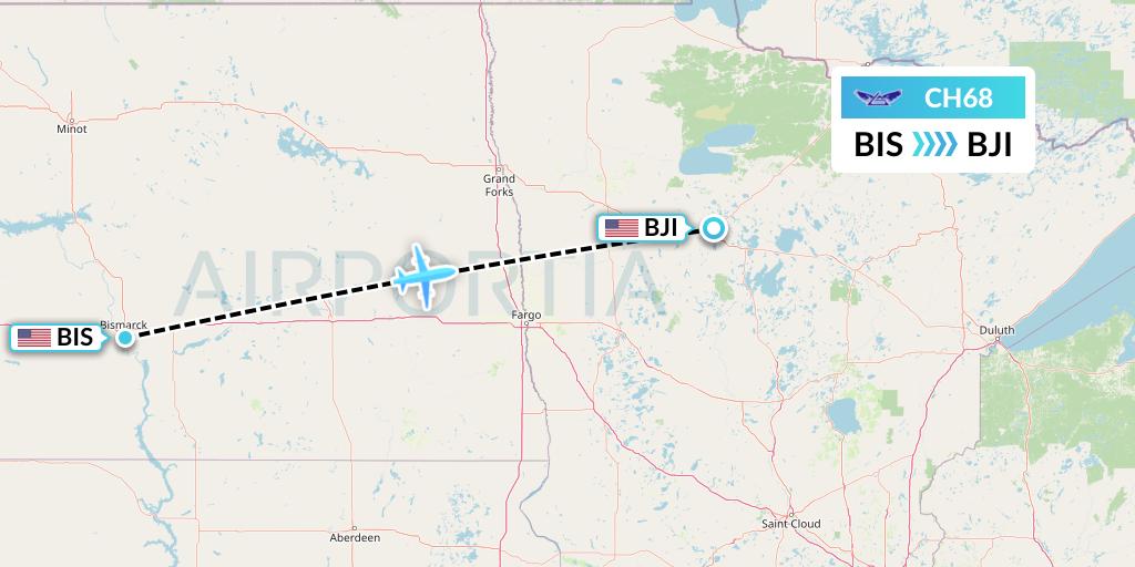 CH68 Bemidji Airlines Flight Map: Bismarck to Bemidji
