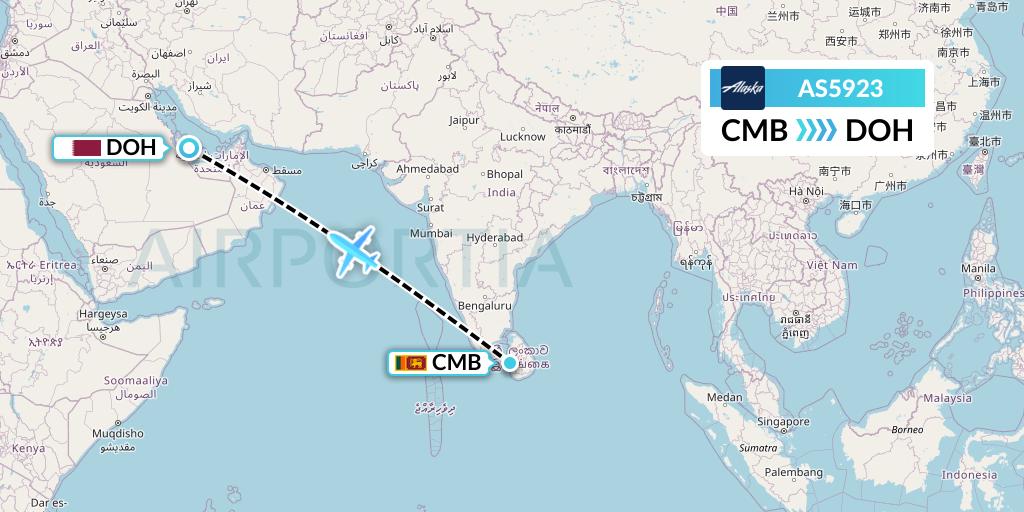 AS5923 Alaska Airlines Flight Map: Colombo to Doha