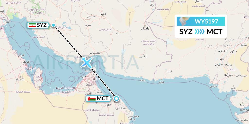 WY5197 Oman Air Flight Map: Shiraz to Muscat