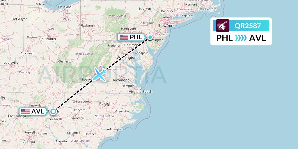 QR2587 Qatar Airways Flight Map: Philadelphia to Asheville