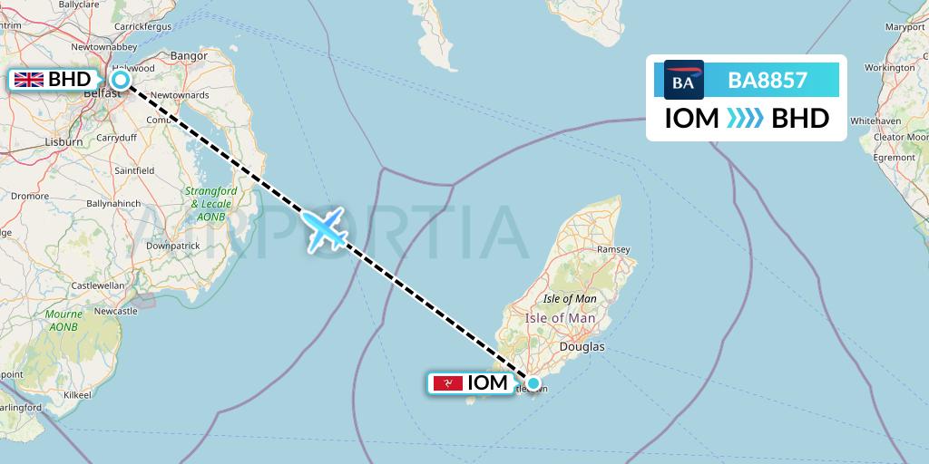 BA8857 British Airways Flight Map: Isle of Man to Belfast