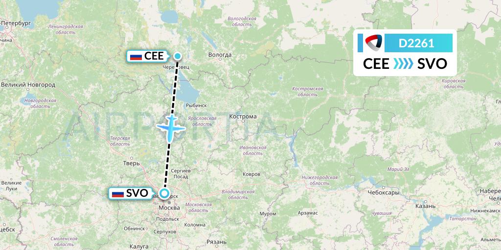 D2261 Severstal Aircompany Flight Map: Cherepovets to Moscow