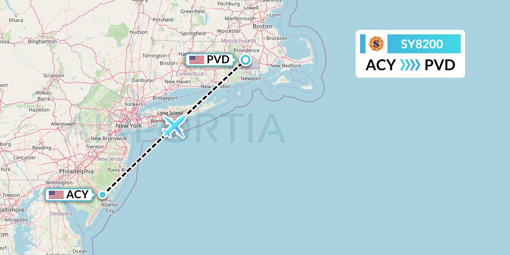 SY8200 Sun Country Airlines Flight Map: Atlantic City to Providence