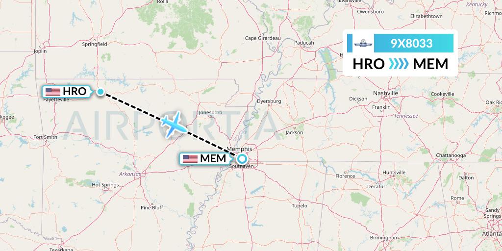9X8033 Southern Airways Express Flight Map: Harrison to Memphis