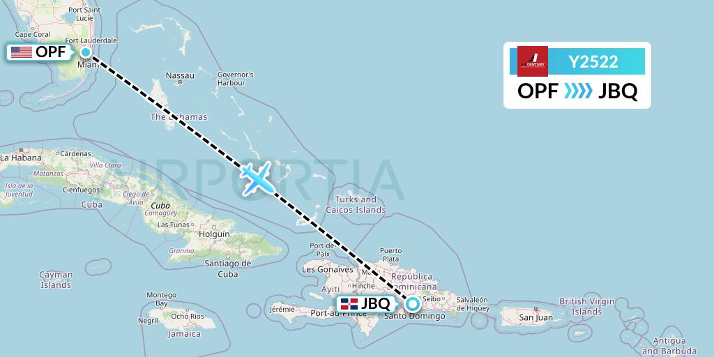 Y2522 Air Century Flight Map: Miami to Santo Domingo