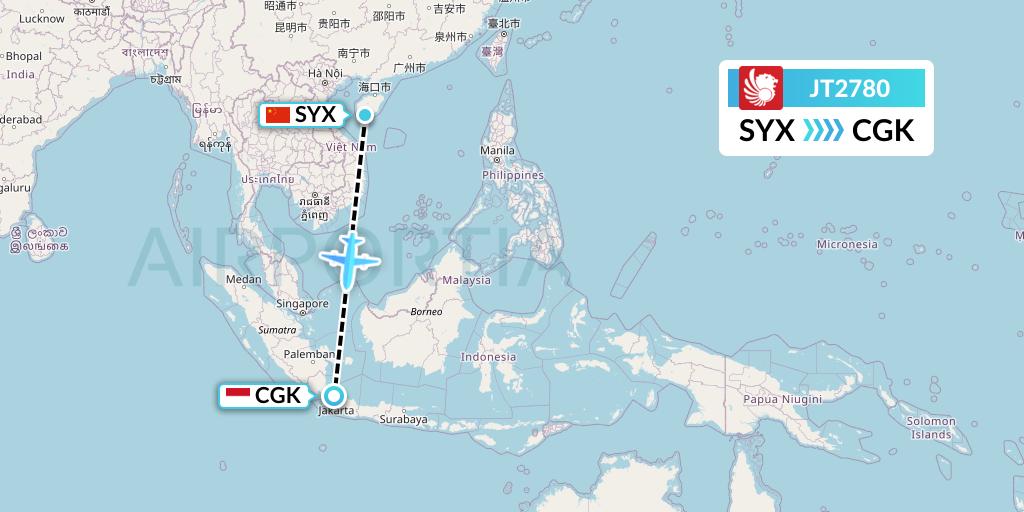 JT2780 Lion Airlines Flight Map: Sanya to Jakarta