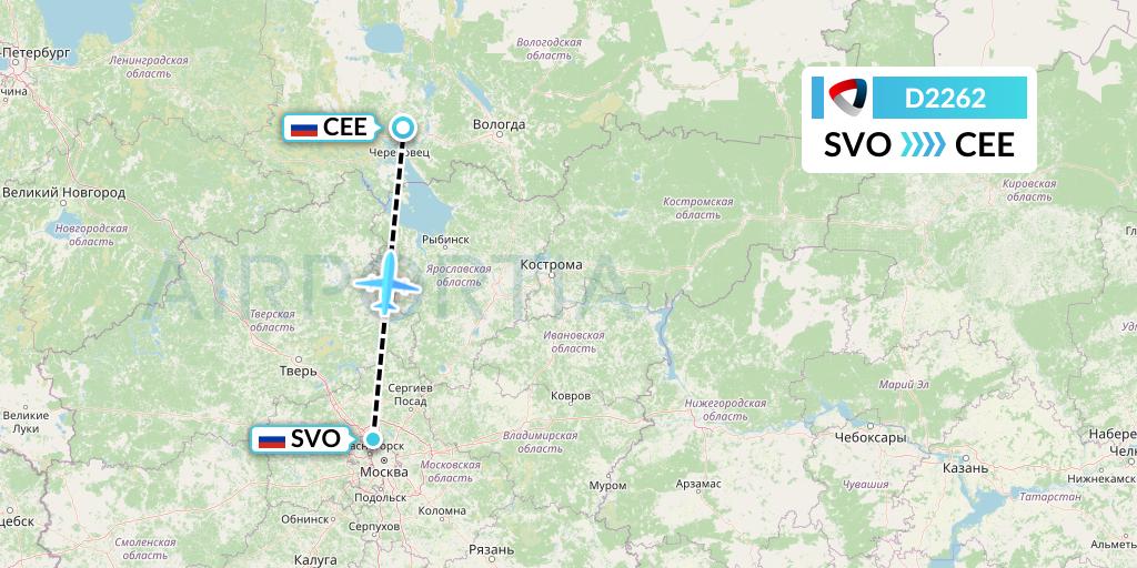 D2262 Severstal Aircompany Flight Map: Moscow to Cherepovets