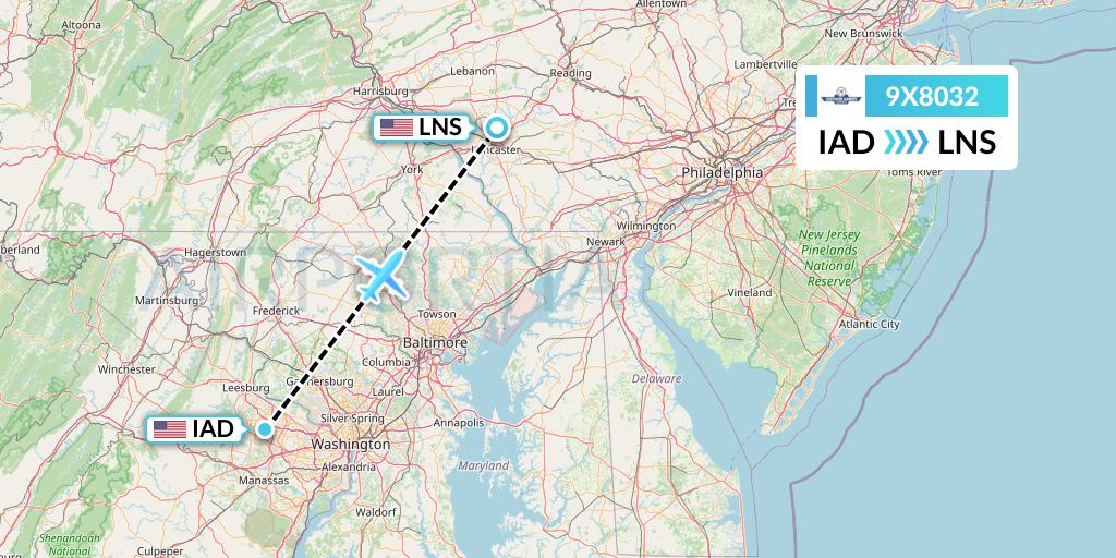 9X8032 Southern Airways Express Flight Map: Washington to Lancaster