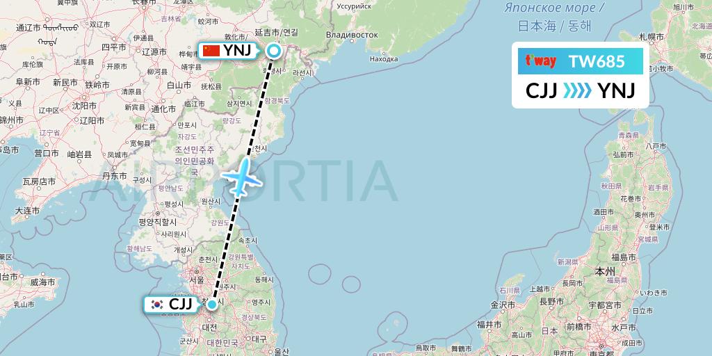 TW685 T'way Air Flight Map: Cheongju to Yanji