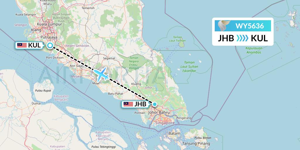 WY5636 Oman Air Flight Map: Johor Bahru to Kuala Lumpur