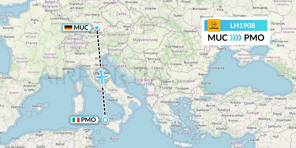 LH1908 Lufthansa Flight Map: Munich to Palermo