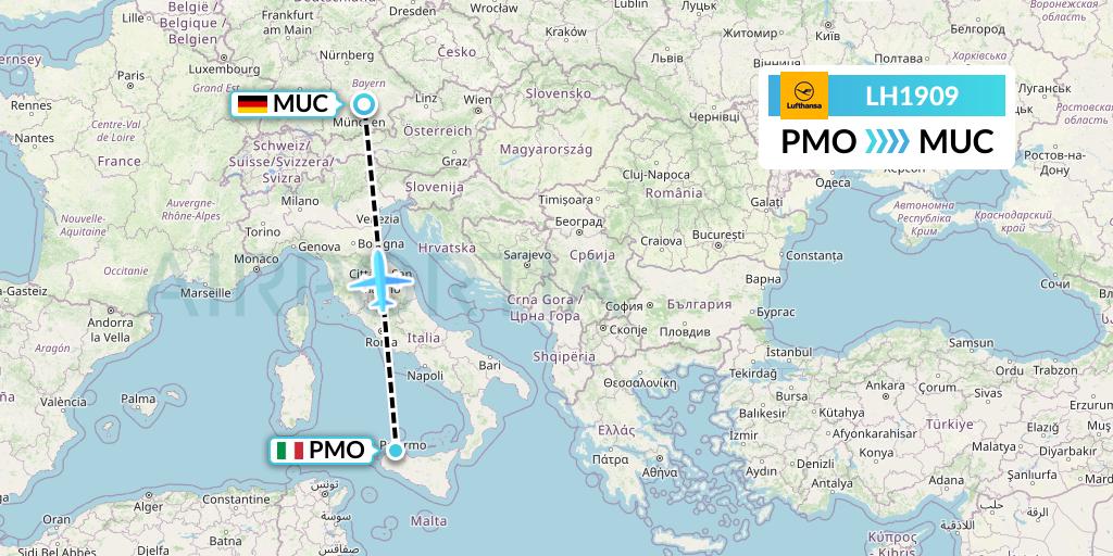LH1909 Lufthansa Flight Map: Palermo to Munich